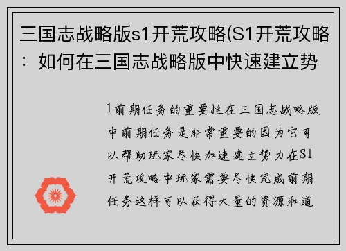 三国志战略版s1开荒攻略(S1开荒攻略：如何在三国志战略版中快速建立势力？)